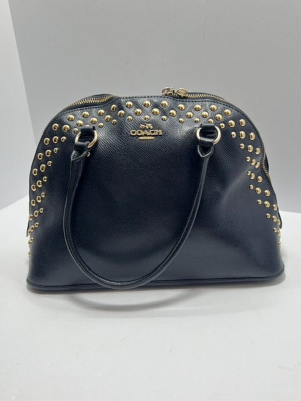Coach Navy Studded Pebbled Leather Dome Satchel Rare w/COA
